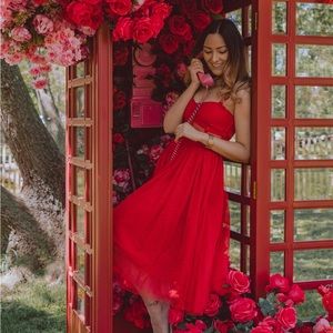 Lace & Beads midi dress with mesh corset waist detail in red